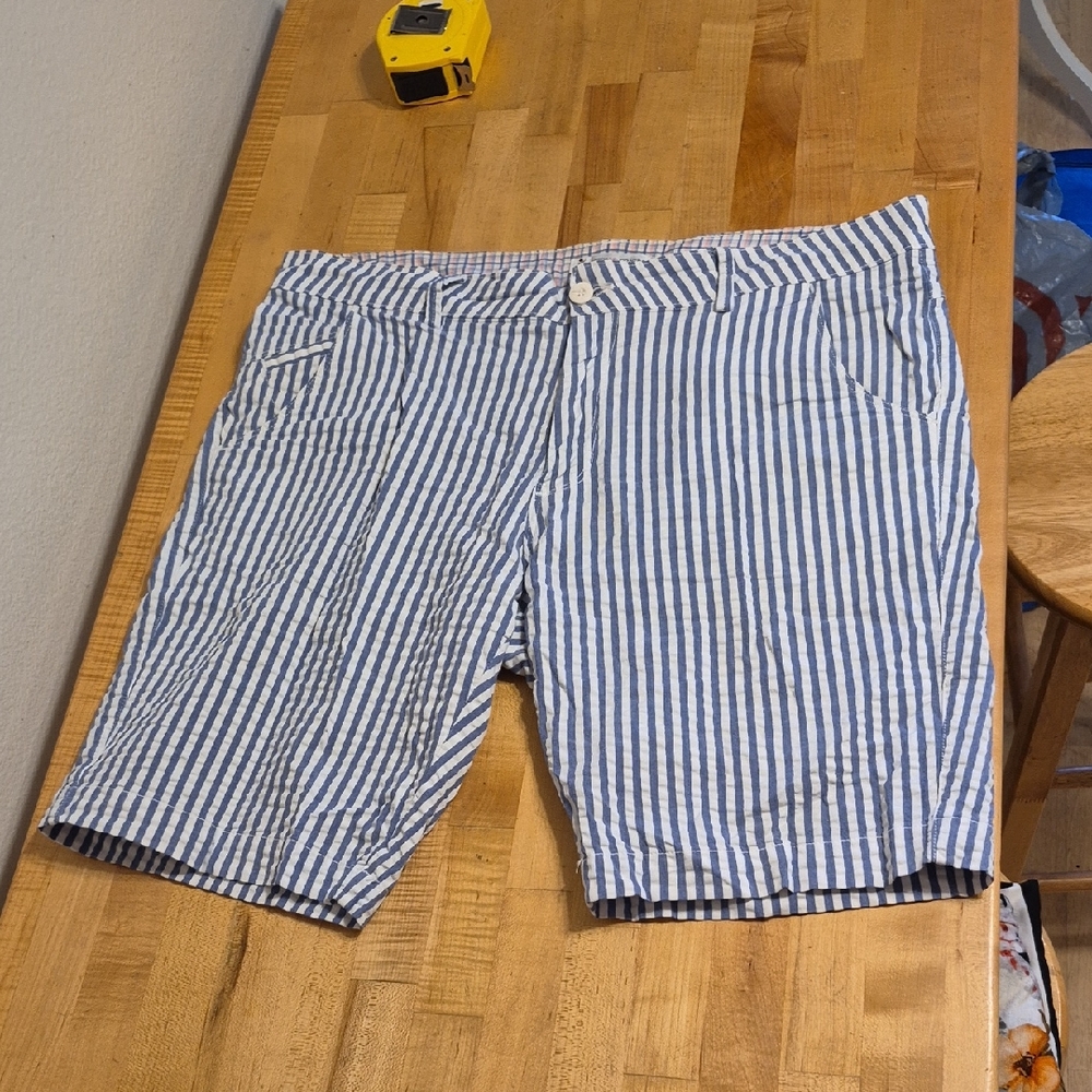 Cotton & Color White & Blue Striped Bermuda Shorts